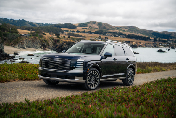 2026 Hyundai Palisade in deep navy blue parked on a scenic Northern California road for Father's Day summer 2026 at Chico Hyundai