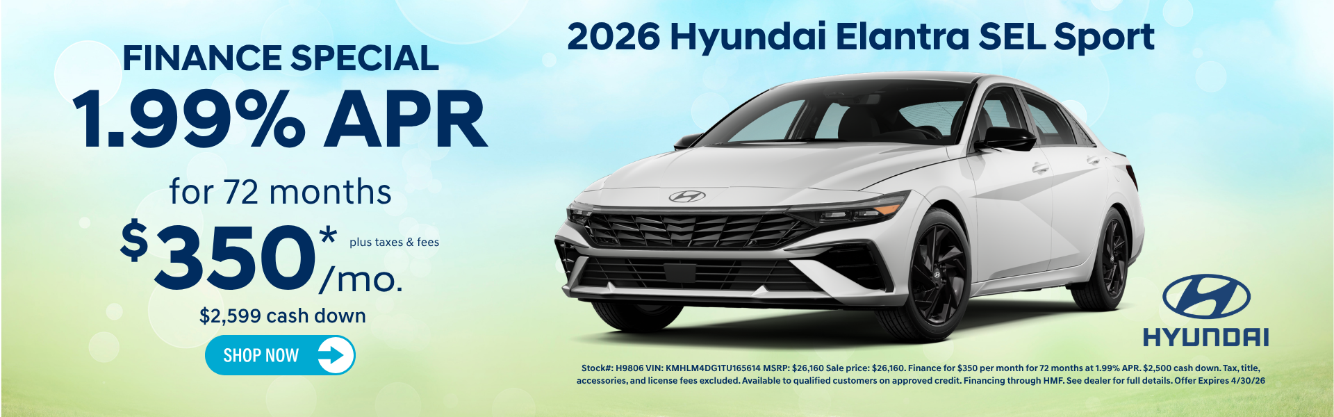 2026 Hyundai Elantra SEL Sport finance $350 offer