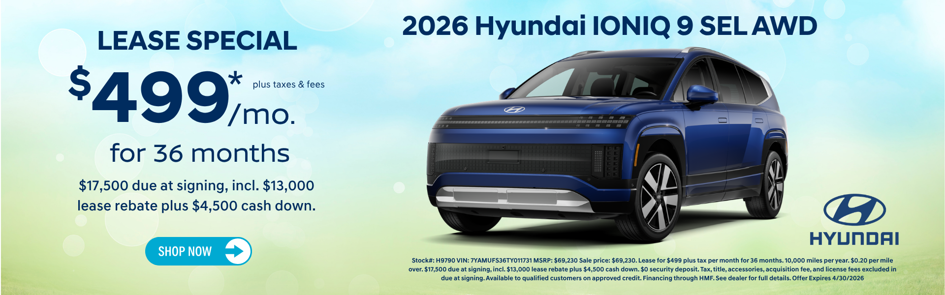 2026 Hyundai IONIQ 9 SEL AWD lease $499 special