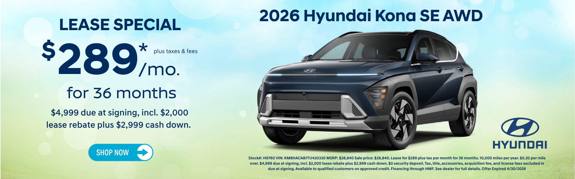 2026 Hyundai Kona SE AWD lease $289 special