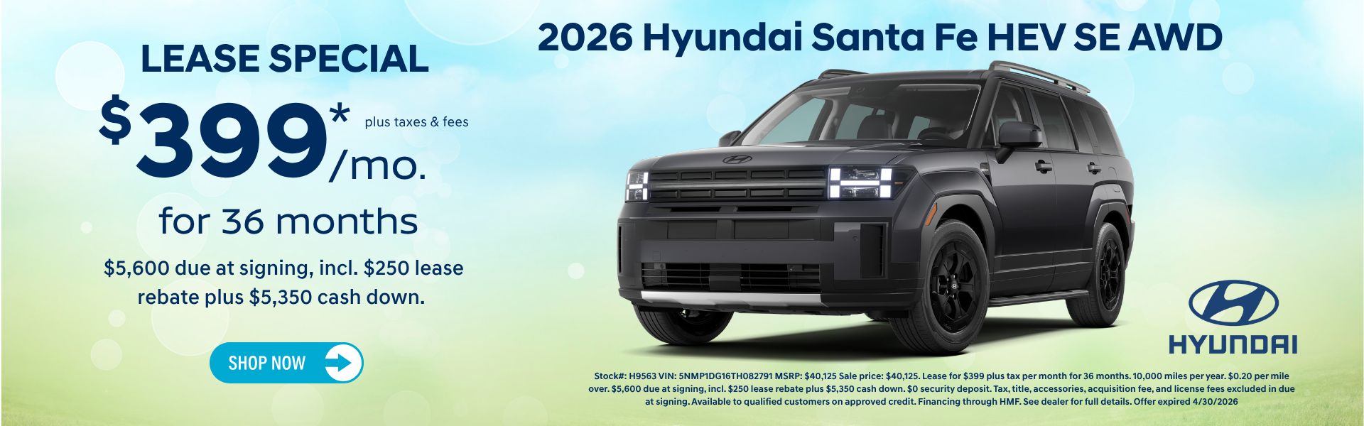 2026 Hyundai Santa Fe HEV SE AWD lease $399 deal